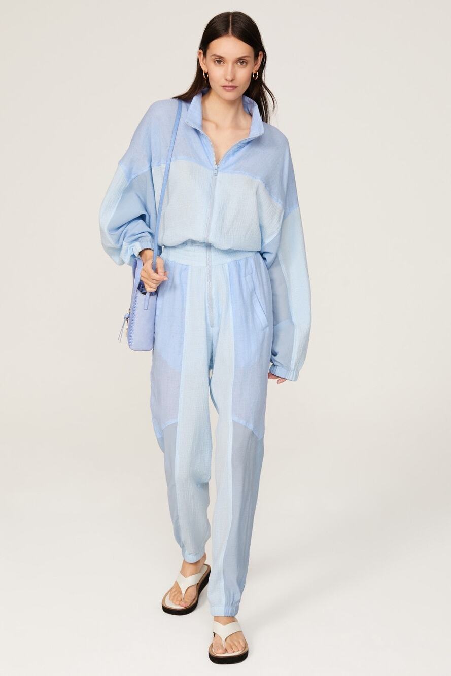 Paradised Blue Colorblock Long Sleeve Sporty Zip Up Jumpsuit Size Medium
